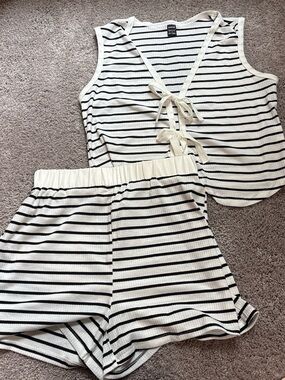 SHEIN Black & Cream Striped Ribbed Tank Top and Shorts Pajama Set